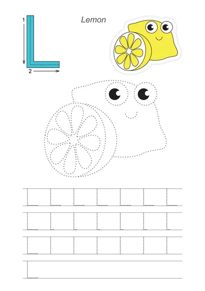 Trace spel voor letter L. Lemon. — Stockvector