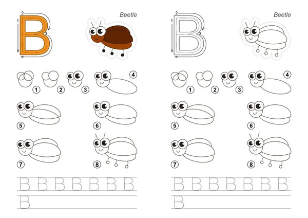 Tekening tutorial. Spel voor de letter B. De Bug. — Stockvector