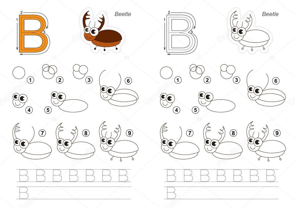 Drawing tutorial. Game for letter B. Big Beetle.