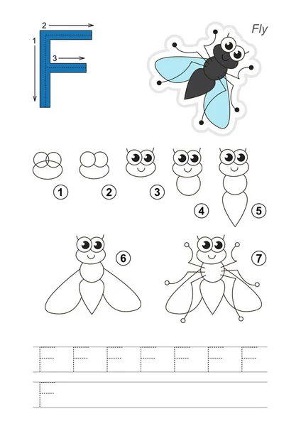 Tekening tutorial. Spel voor letter F. De grappige Fly. — Stockvector