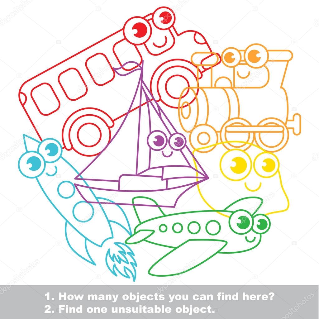 Funny toy transport mishmash set in vector.