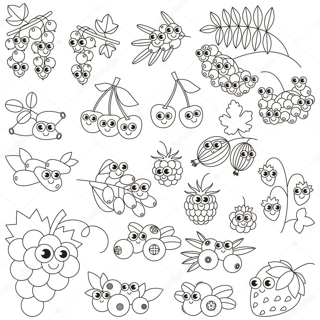 Set of funny cartoon berries. Page to be colored.