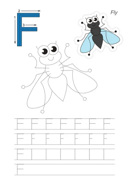 Trace spel voor letter F. Fly. — Stockvector