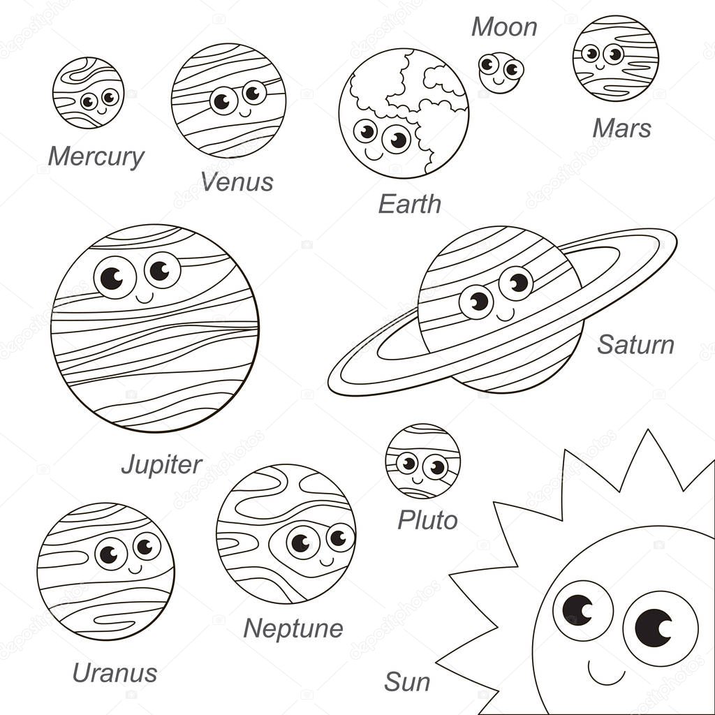 Cute Solar Sistem Planet set, the collection of coloring book template, the group of outline digital elements.