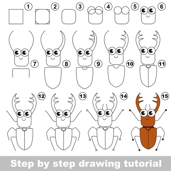 Tutorial de dibujo. Bug marrón con callos . — Vector de stock