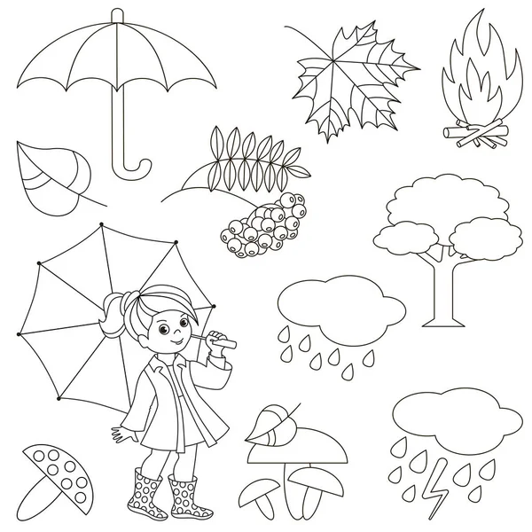 Autumn set, the collection of coloring book template, the group of outline digital elements. — Stock Vector