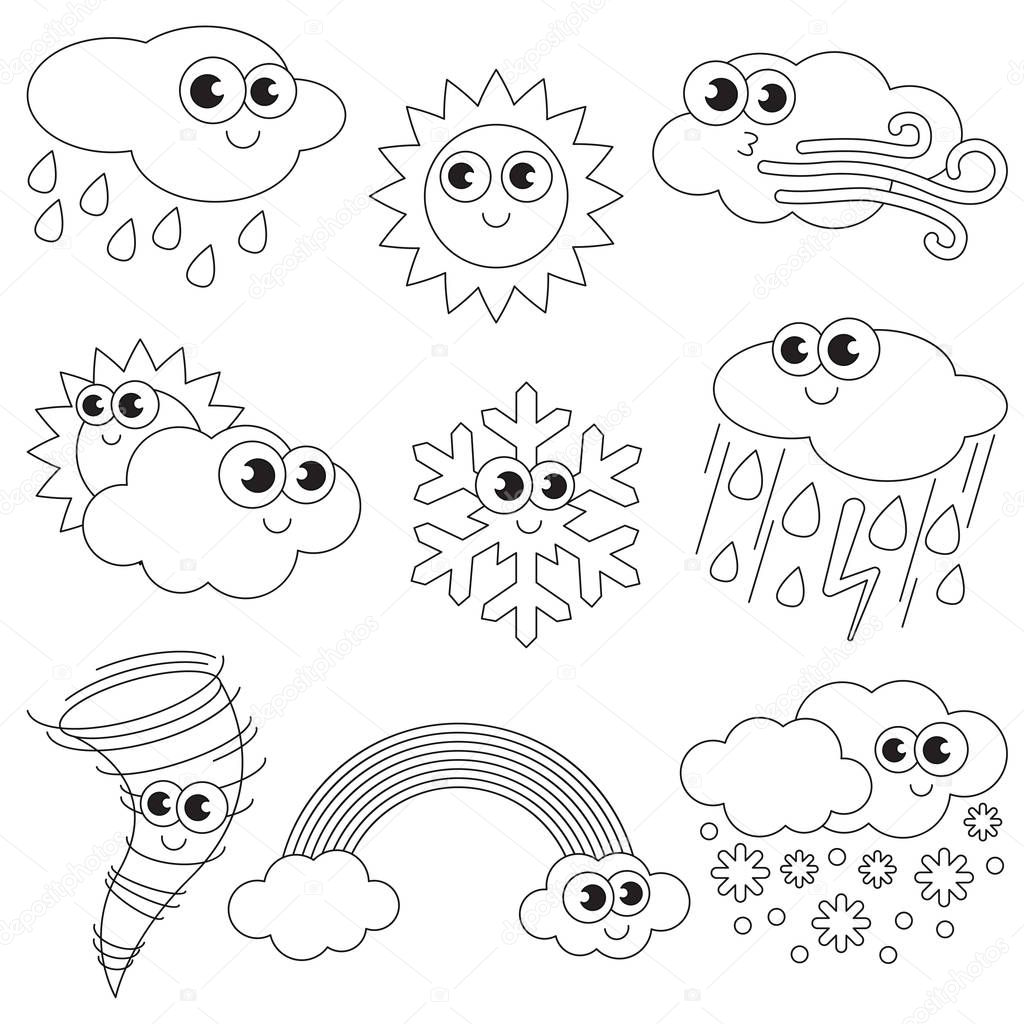 Funny Different weathers set, the collection of coloring book template, the group of outline digital elements.