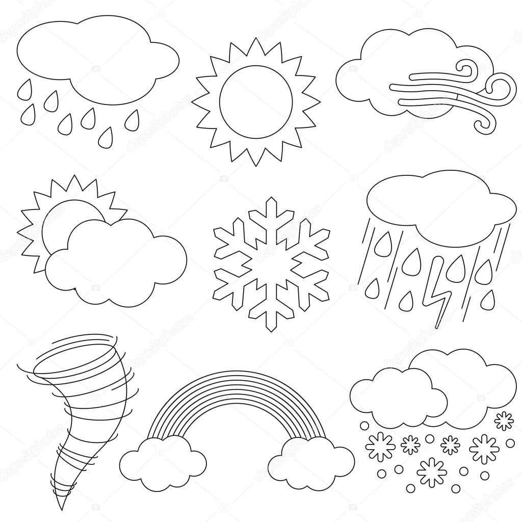 Funny Different weathers set, the collection of coloring book template, the group of outline digital elements.