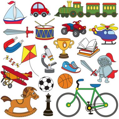 Boy oyuncak ayarla, boyama kitabı şablonu, anahat dijital öğe grupları koleksiyonu