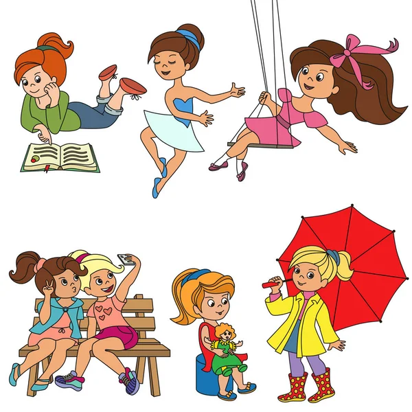 Happy Little Girls conjunto, la colección de plantilla de libro para colorear, el grupo de elementos digitales esquema . — Archivo Imágenes Vectoriales