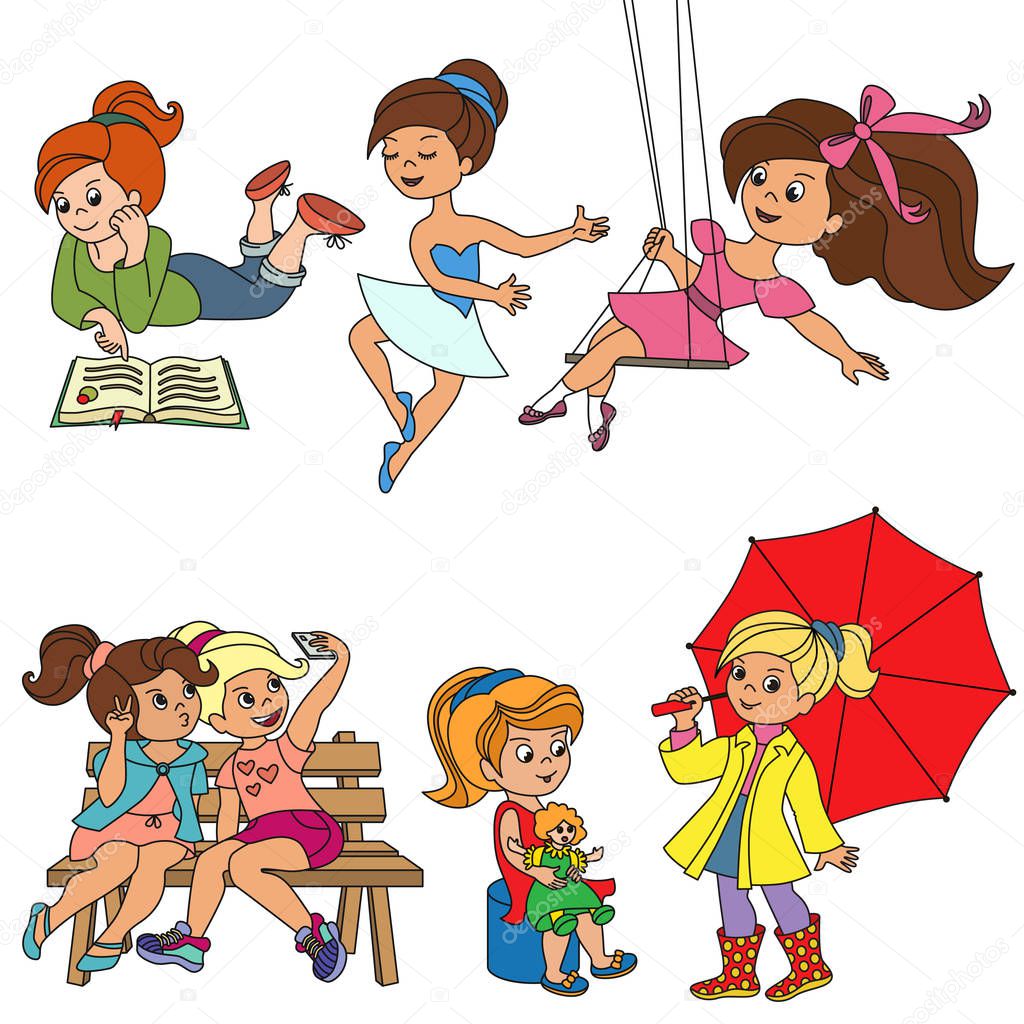 Happy Little Girls set, the collection of coloring book template, the group of outline digital elements.