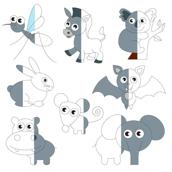 Cute Grey Color Animals, el juego de niños grandes para ser coloreado con el ejemplo de la mitad . — Archivo Imágenes Vectoriales