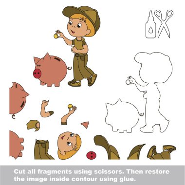 Makas ve yapıştırıcı kullanın ve kontur içinde resmin geri yükleme. Kolay eğitim kağıt çocuklar için oyun. Basit çocuk uygulama ulaşmak çocuk kurtarmak para ile kumbara