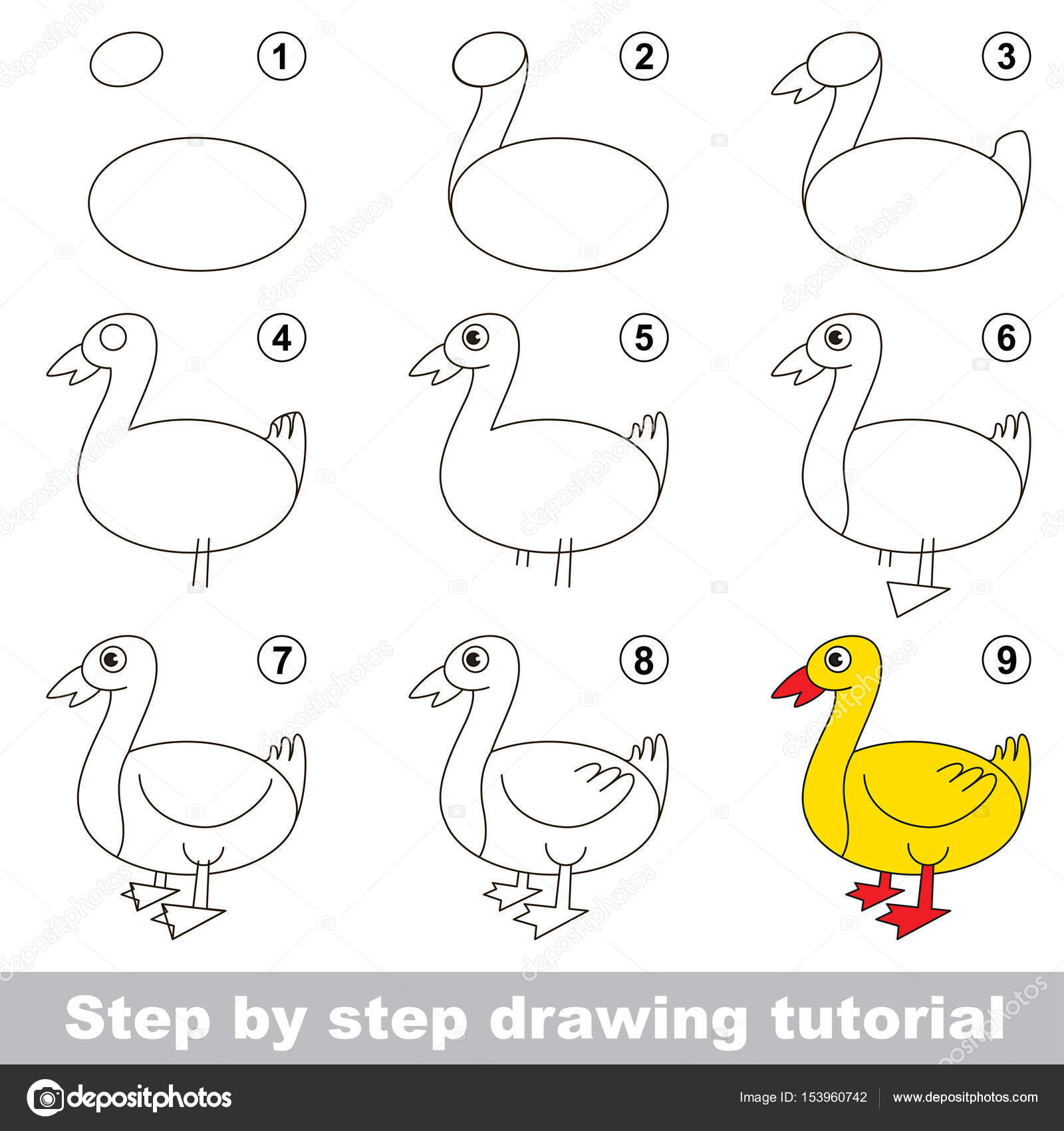 Gioco bambino di sviluppare abilit  di disegno con livello di gioco facile per bambini in et  prescolare disegno tutorial didattici per anatra — Vettoriali
