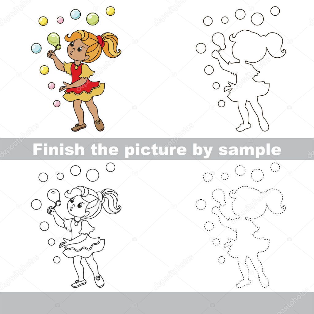 Kid drawing worksheet to complete picture by sample.