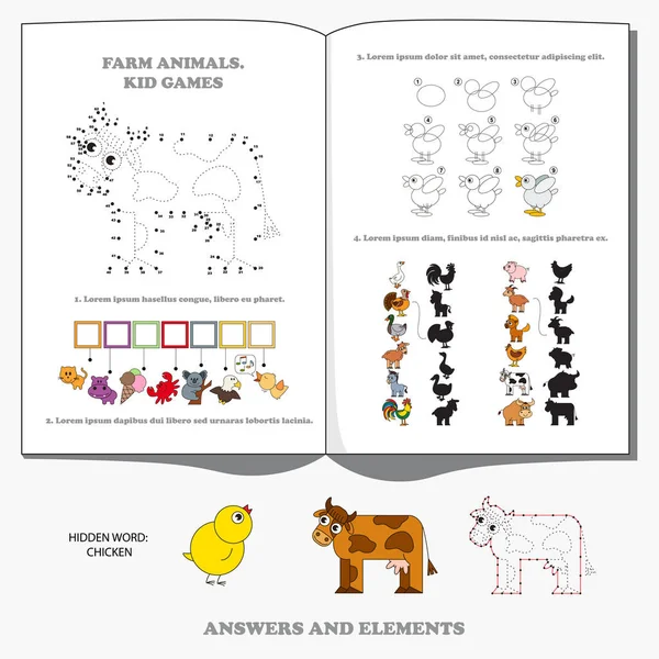 农场动物汇集 百科全书页为学前书儿童手册 游戏设置 找到隐藏的单词和正确的阴影 绘图教程和数字播放 点点的教育游戏的孩子 — 图库矢量图片