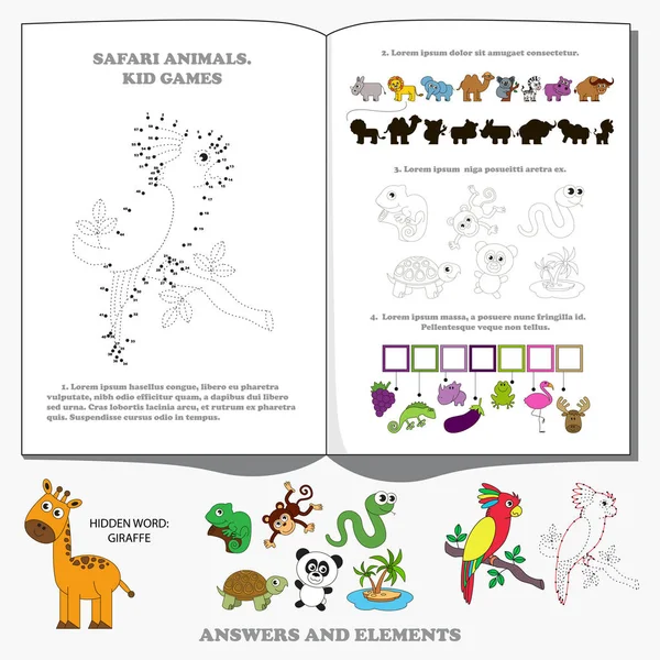 野生动物套装 百科全书页为学前书儿童手册 游戏收集 找到隐藏的字和阴影 数字播放 点点的教育游戏的孩子 — 图库矢量图片