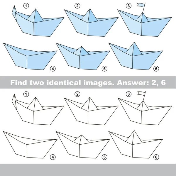 教育孩子匹配游戏的学龄前儿童与容易的游戏水平 他的任务是寻找类似的对象 比较项目和发现两个相同的纸船 — 图库矢量图片