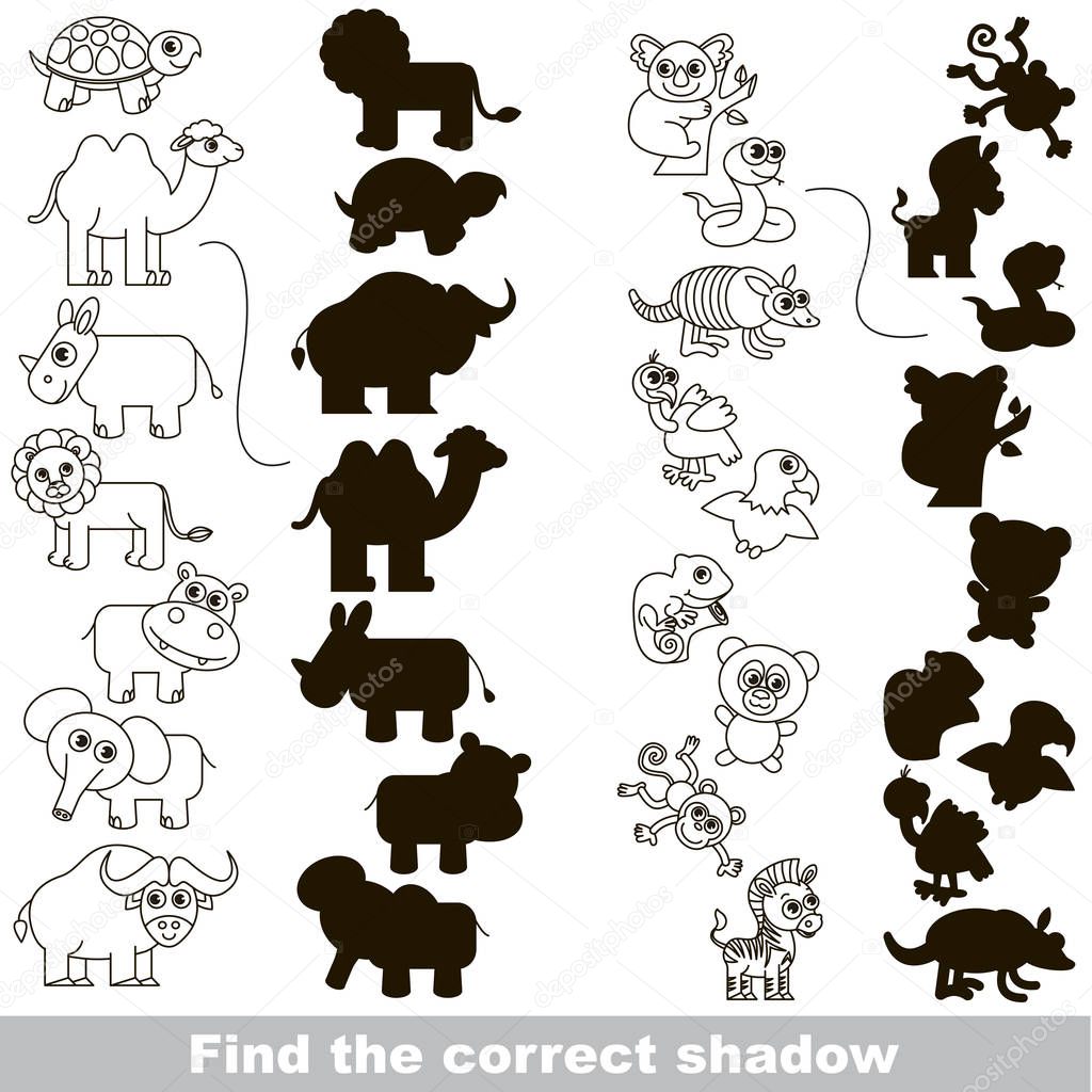 Colorless Wild Animals Set with different shadows to find the correct one, compare and connect object with it true shadow, the educational kid game with simple gaming level.