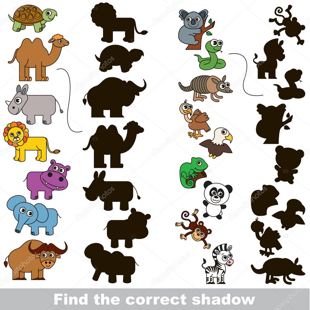 Colorful Wild Animals Set with different shadows to find the correct one, compare and connect object with it true shadow, the educational kid game with simple gaming level.