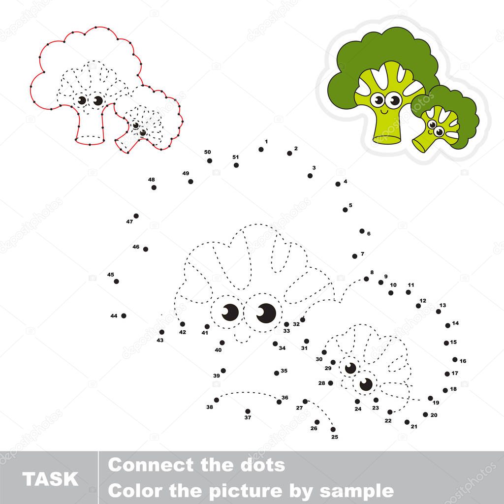 Funny Green Broccolies. Dot to dot educational game for kids.