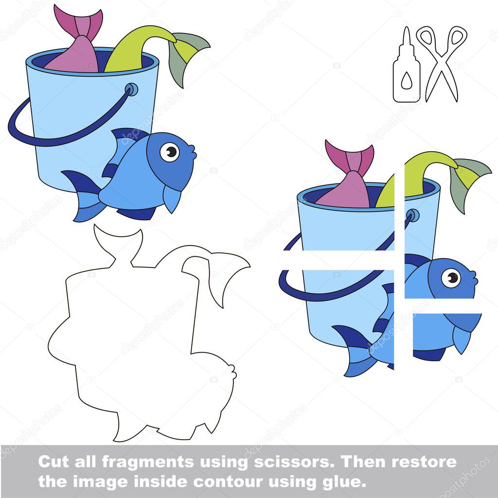 Use scissors and glue and restore the picture inside the contour. Easy educational paper game for kids. Simple kid application with Fish Catch