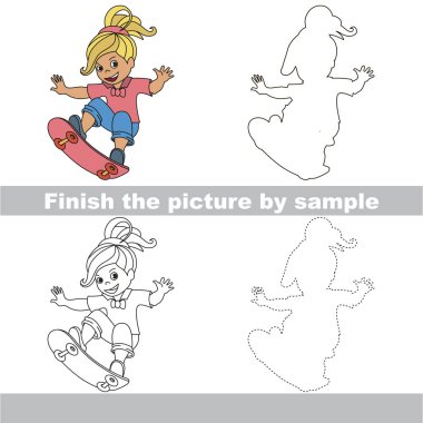 Zorluk, basit eğitim oyun çocuklar için örnek tarafından resmi bitirmek ve spor Blondy kız kaykay çizmek için kolay oyun seviyesi ile okul öncesi çocuklar için çalışma çizim