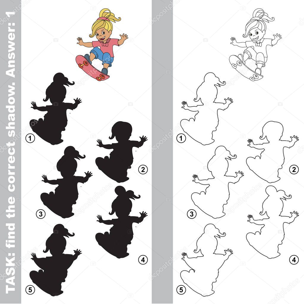 Sport Blondy Girl Skateboarding with different shadows to find the correct one, compare and connect object with it true shadow, the educational kid game with simple gaming level.
