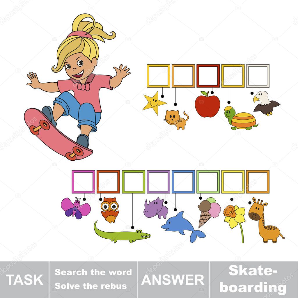 Educational puzzle game for kids. Find the hidden word Skateboarding