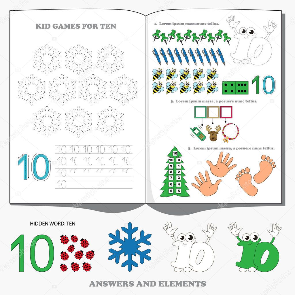 Large game set for figure Ten. Dot to dot educational game for kids.