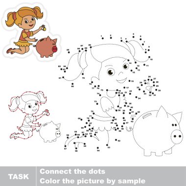 Sevimli kız ve para kasası. Nokta nokta eğitim oyun çocuklar için.