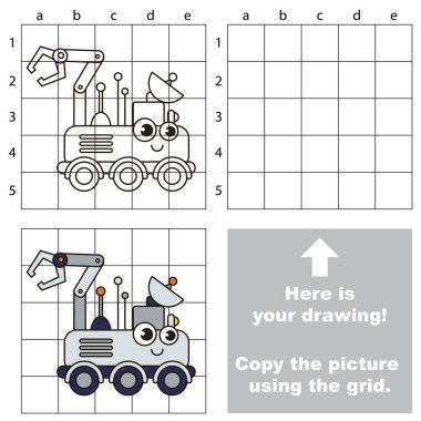 Kılavuz çizgileri, kolay oyun level ile okul öncesi çocuk eğitimi için basit eğitim oyunu, çocuk oyunu Lunar Rover tekerlek ile çizim kullanarak resim kopyalama