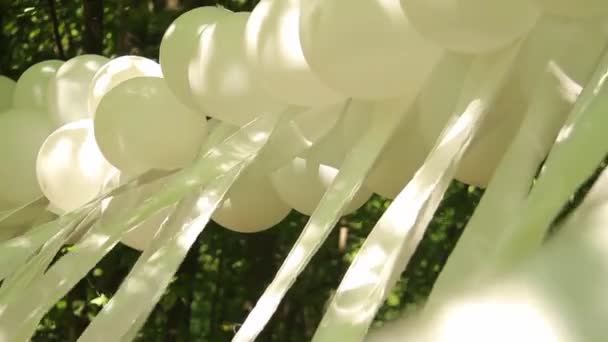 Decorações Casamento Floresta Balões Brancos Fitas Largas Flutter Tecido Branco — Vídeo de Stock