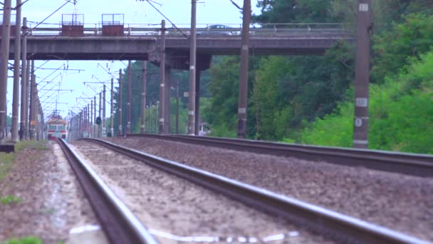 Пасажирський Поїзд Прибуває Платформу Пасажири Платформі Готуються Входу Поїзд Довгий — стокове відео