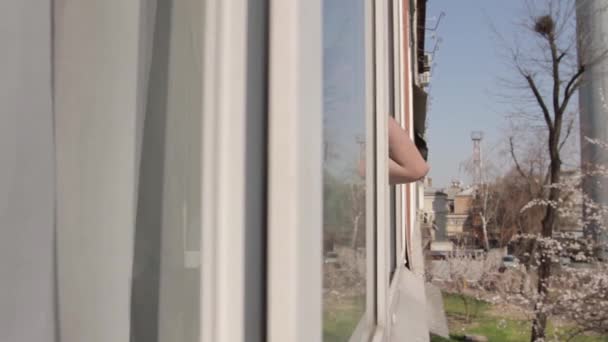 一个有趣的男人在一个开着的窗户边跳舞 相机通过窗框从公寓走到大街 从左到右 全高清 无声响 — 图库视频影像
