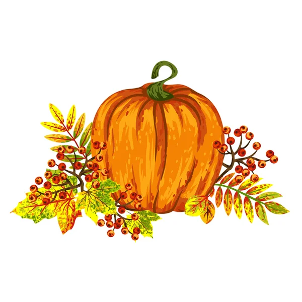 Sonbahar öğesi için yaprakları, üvez meyveleri ve olgun kabak tasarımı sayesinde