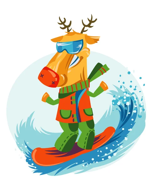 Vidám karácsonyi rénszarvas snowboard. — Stock Vector