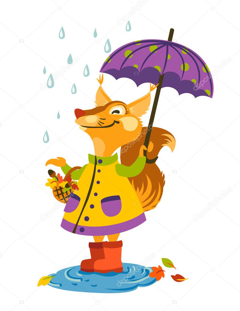 Joyful squirrel walking in the rain with an umbrella and catch raindrops.