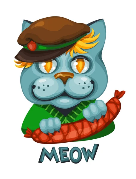 Şapkalı kedi sosis içinde onun paws tutar.