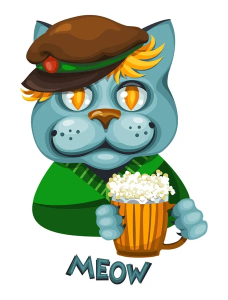 Şirin kedi bir kap ve bir kupa bira onun paws içinde tutarak giyim.