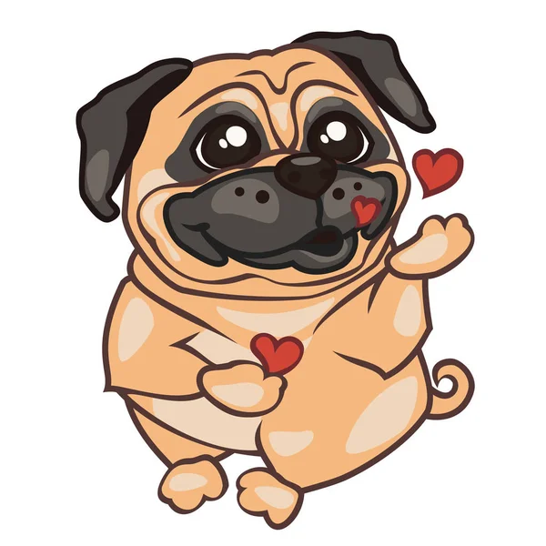 Feliz pug sopla besos desde el corazón — Vector de stock