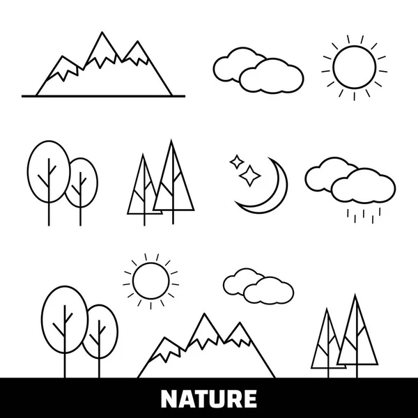 Natura Krajobraz cienka linia elementy ikony — Wektor stockowy