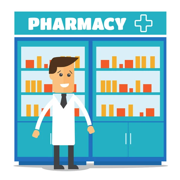Farmacéutico masculino en una farmacia frente a los estantes — Vector de stock