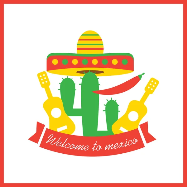 Bem-vindo ao cartaz do México. Comida mexicana, pimenta do cacto —  Vetores de Stock