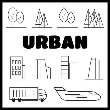 Doğrusal peyzaj öğeleri Icons set vektör. Ağaçlar, çiçekler, çalılar satırı