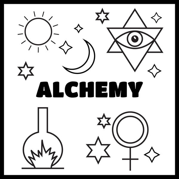 Alchemy, spirituality symbols in flat style