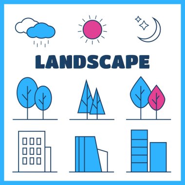 Doğrusal peyzaj öğeleri Icons set.