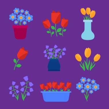 Bahar çiçekleri. Eğlenceli ve sevimli vektör bahar çiçek Dükkanı. Bahar f