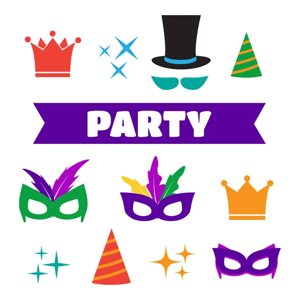 Πάρτι γενεθλίων photo booth στηρίγματα. Καπέλο και μάσκα, κοστούμι και cyli — Διανυσματικό Αρχείο