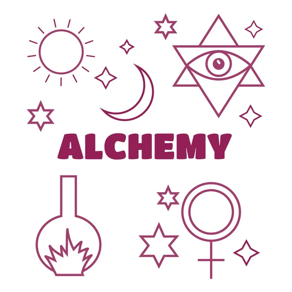 Alchemie, spiritualiteit symbolen in vlakke stijl vector. Alchemie vect — Stockvector